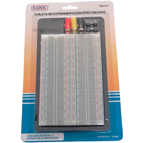 Protoboard con base metalica y bornes de alimentacion