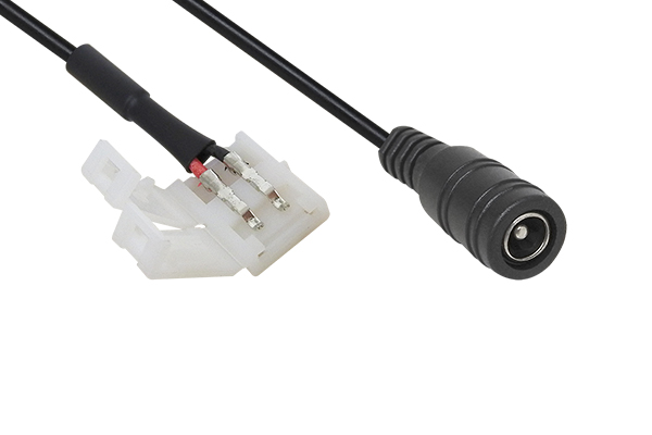 Conector 2 pines p/tira de LED 8mm c/plug inv. 2,1 mm